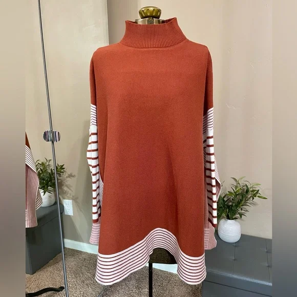 Chicwish Mock Neck Poncho Sweater Pullover Burnt Orange Striped Size S / M - Picture 3 of 13